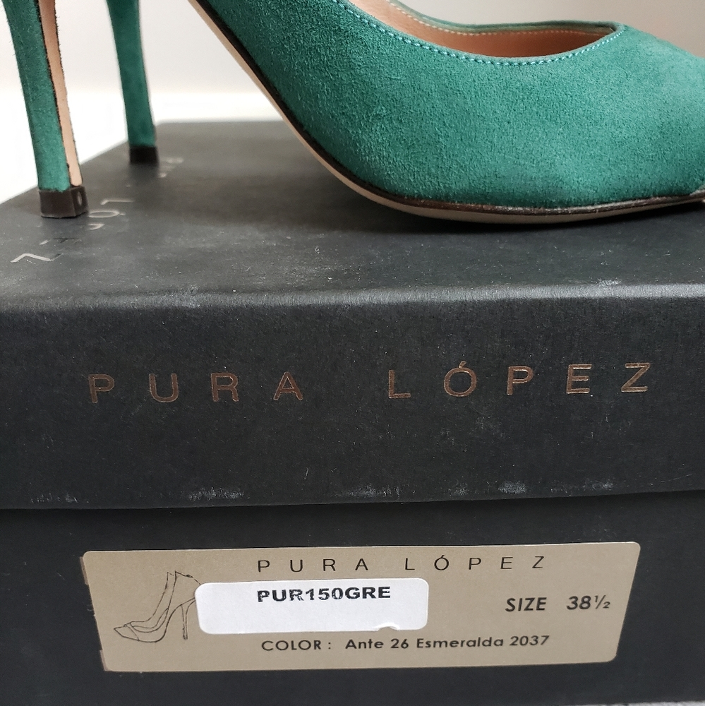 Pura Lopez Emerald Green Suede Peep Toe Pumps Sz 38.5 - Picture 3 of 15
